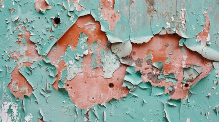 Poster - A fragment of a bullet-ridden wall with peeling paint AI generated illustration