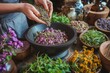A woman carefully adds herbs to a bowl, creating a flavorful addition to her dish, Holistic practitioner mixing herbal remedies, AI Generated