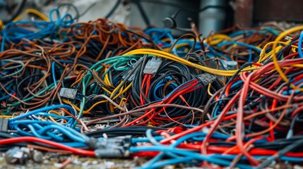 Poster - A jumble of wires and cables tangled on the ground AI generated illustration