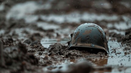 a lone soldiers helmet resting in the mud ai generated illustration