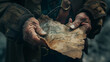 Close-up of the hands of an old pirate holding a treasure map.