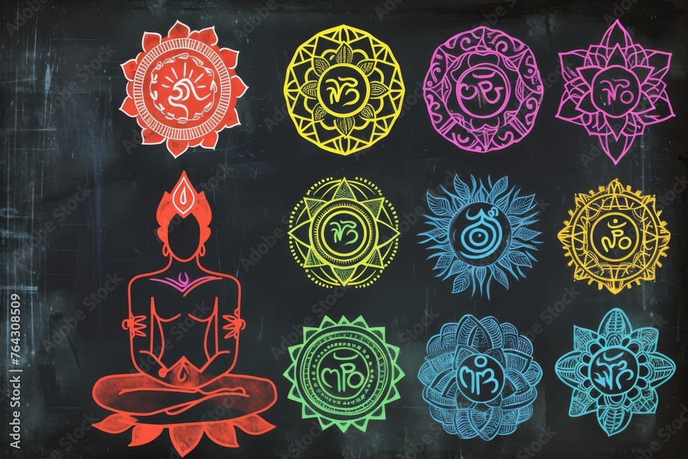 A realistic depiction of the seven chakras drawn with chalk on a ...