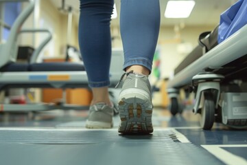 Poster - This close-up photo captures a person confidently walking on a conveyor belt, Image of a patient learning to walk again with the help of physical therapy, AI Generated