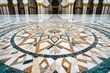 This photo shows the intricate circular design on the floor of a building, highlighting its architectural detail, Intricate geometric mosaic pattern inscribed on a marble mosque floor, AI Generated