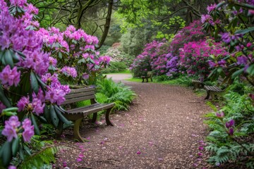 Wall Mural - Beautiful rhododendron bushes in full bloom, creating an enchanting garden scene with vibrant purple flowers and lush greenery Generative AI