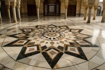 Poster - a photo of a marble floor featuring a prominent circular design in its center, intricate geometric m