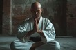 A man wearing a white robe sits on the ground, Karate master meditating before a fight, AI Generated