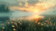Sunrise over a misty lake with wildflowers. Dawn breaking over a peaceful lake surrounded by flowers. Concept of new beginnings, nature awakening, calm mornings, and scenic sunrise. Digital art