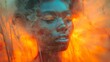 Fiery portrait of a African American woman with a mystical aura. An intense, ethereal image with a strong sense of fantasy. Black lady. Concept of fire, mystery, fantasy art, and powerful femininity.