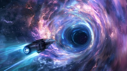 Poster - A tranquil scene of a spacecraft entering a wormhole AI generated illustration