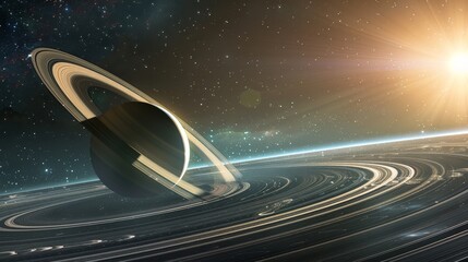 Poster - A tranquil scene of a spacecraft passing through the rings of Saturn AI generated illustration