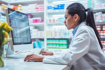 Poster - A woman wearing a white lab coat concentrating while working on a computer in a professional laboratory setting, Pharmacist using a computer for managing prescriptions, AI Generated