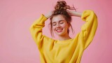 Fototapeta Tęcza - Humorous Young Brunette Model Posing on Pastel Pink Backdrop Generative AI