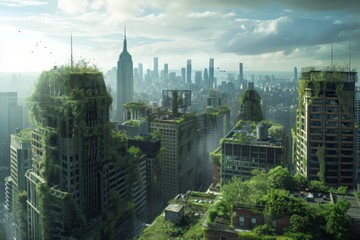 Canvas Print - A bustling cityscape featuring numerous trees flourishing amidst the urban environment, Post-apocalyptic cityscape taken over by nature, with ivy-covered skyscrapers, AI Generated