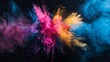 A vivid explosion of CMYK-colored holi paint powder isolated against a dark background, symbolizing the colorful and dynamic world of printing and manufacturing