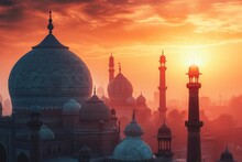 The Sun Casts Its Golden Rays Over The Sprawling Metropolis As The Day Comes To An End, Scenic Sunset Over An Architectural Landscape Of Domes And Minarets, AI Generated