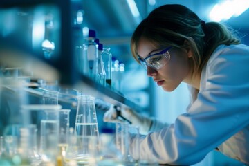 Poster - A woman in a lab coat is seen working on a pipe in a laboratory, Scientific researcher in a lab filled with intricate equipment, AI Generated