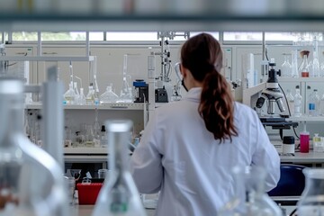 Poster - A female scientist wearing a lab coat is carefully inspecting a collection of bottles in a laboratory setting, Scientific researcher in a lab filled with intricate equipment, AI Generated