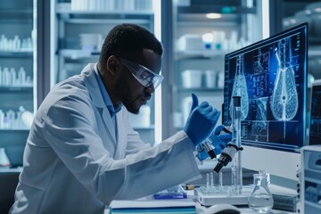 Poster - A man wearing a lab coat and goggles is focused on analyzing data displayed on a computer screen in a laboratory, Scientist in a lab coat working on an advanced technology, AI Generated