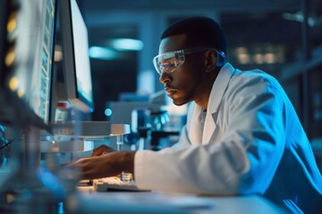 Poster - a man in a lab coat diligently working on a computer in a research laboratory, scientist in a lab co