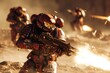 A gathering of men dressed in armor, armed with guns, standing together, Space Marines engaged in a firefight on a hostile extraterrestrial planet, AI Generated