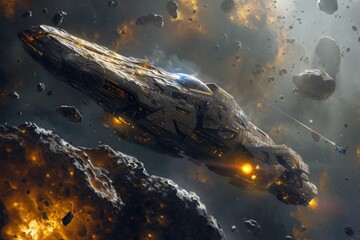 Poster - A space ship darts through the vastness of space, navigating through an asteroid field, Space pirates looting a derelict spaceship in an asteroid field, AI Generated