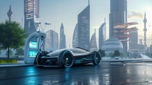 An Energy EV Car Concept With A Futuristic Hybrid Vehicle At A Charging Station, Blending Urban Landscapes With Green Technology 