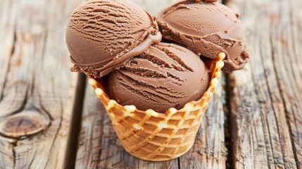 Poster - three scoops of chocolate ice cream sit in a waffle cone on a wooden table, ready to be eaten.