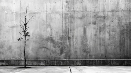 Poster - a black and white photo of a small tree in front of a concrete wall with a concrete floor in front of it.