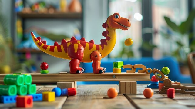 A dinosaur building a silly contraption out of toys AI generated illustration