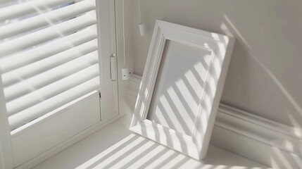 Poster - a white picture frame sitting next to a window with blinds on the outside of it and a window with blinds on the inside of it.