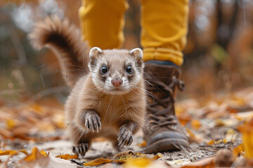 Poster - A playful ferret frolicking with its owner, darting between their legs and rolling in joy. Concept of energetic companionship. Generative Ai.