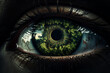 eye iris with a reflection of nature, trees and sky, futuristic artwork, macro, close up, green, environmental protection