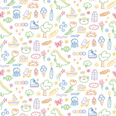 Naklejka na meble Hand drawn doodle outline seamless pattern in kids scribble style. Trendy hand-drawn sketch line vector background
