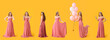 Set of beautiful young girl in stylish prom dress on yellow background