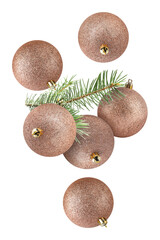 Wall Mural - Beautiful Christmas balls and fir tree branches falling on white background