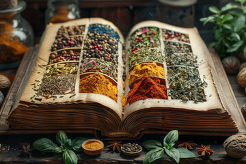 Wall Mural - A spice encyclopedia showcasing the origins, uses, and profiles of various spices, offering a comprehensive guide to culinary enthusiasts. Concept of spice knowledge. Generative Ai.