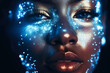 Woman portrait with face covered with laser lights, professional makeup, futuristic AI concept. Futuristic stylish beauty fashion portrait