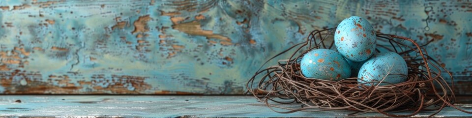 Canvas Print - A blue eggs in a nest on top of wood, AI