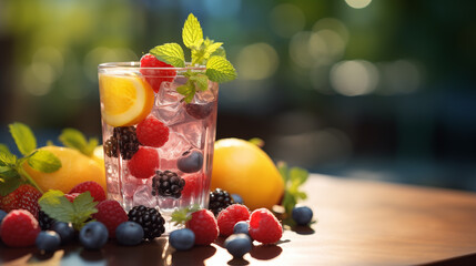 Refreshing drink made with water, berries, and lemon on a table, on summer table