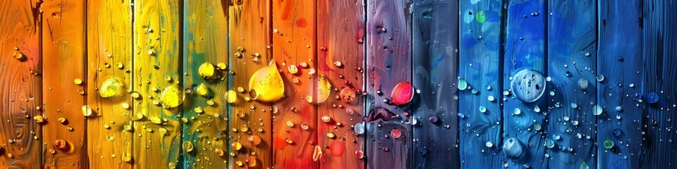 Canvas Print - A rainbow of different colors and sizes of water droplets on a wooden wall, AI