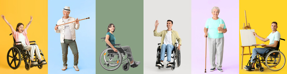 Sticker - Set of different happy people with disabilities on color background