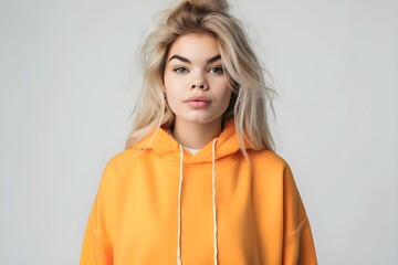 Wall Mural - Mockup of a Girl Wearing an Orange Hoodie on a White Background. Concept Fashion, Style, Mockup, Clothing, White Background