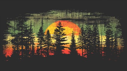 Wall Mural - A sunset over a forest with trees and the sun in the background, AI