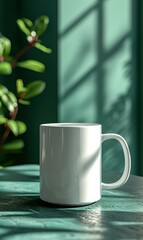 Wall Mural - A white coffee mug on a table in front of a green wall. Generative AI.