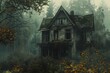 An eerie illustration of a rundown and dilapidated house hidden among tall trees and surrounded by a misty forest, evoking feelings of mystery and isolation.