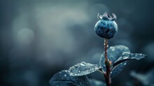 A Blue Flower With A Crown On It's Head And Water Droplets On It's Petals In Front Of A Dark Background.