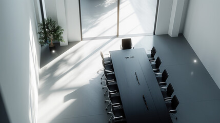 High level modern meeting room is decorated with stylish table and chairs around.