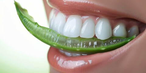 Wall Mural - A close-up of a person's mouth with a green aloe leaf on it. Generative AI.