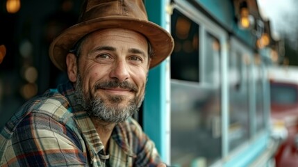 Wall Mural - A man with a hat and a beard smiles at the camera. Generative AI.